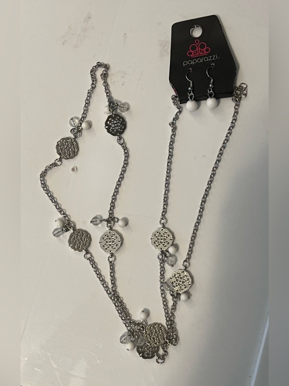 paparazzi Silver Filigree Necklace Set with White Bead Accents